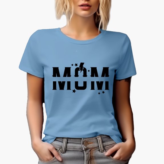 Mom Word with Stars & Lightning Art, Mother's Day Merch Gift, Baby Blue T-Shirt, XL
