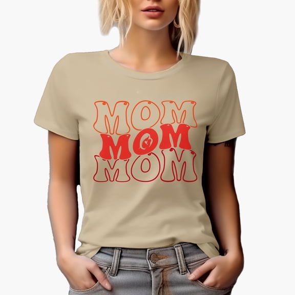 Mom Word with a Mother and Child Image, Groovy Retro Wavy Text Merch Gift, Tan T-Shirt, Medium