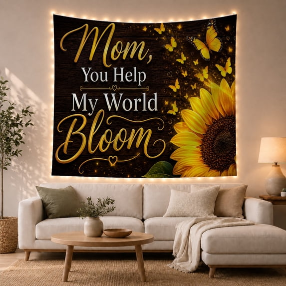 Mom You Help My World Bloom Sunflower on Wood Grain Background, Inspirational Boho for Flower Lovers, Loving Wall Art Decor, Mother's Day Gift Tapestry Wall Hanging for Living Room and Bedroom