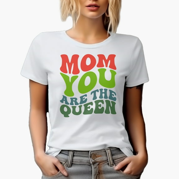 Mom, You are the Queen, Groovy Retro Wavy Text Merch Gift, White T-Shirt, Medium