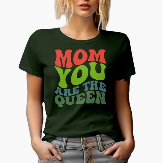 Mom, You are the Queen, Mother's Day or Birthday, Groovy Retro Wavy Text Merch Gift, Military Green T-Shirt, Medium