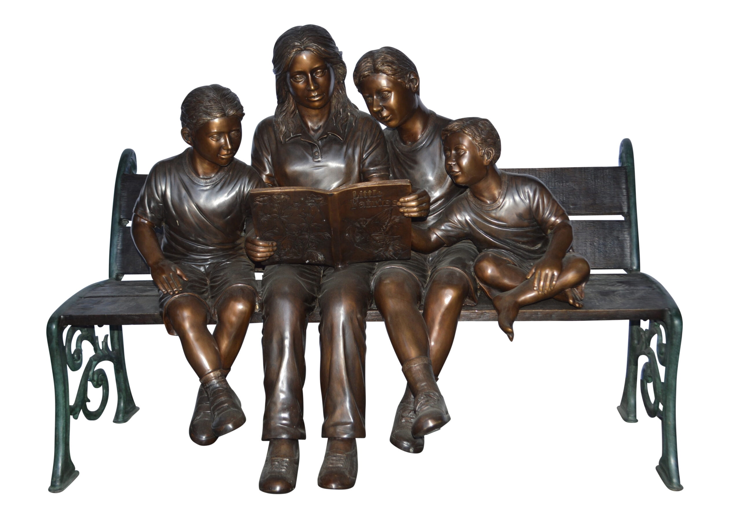 Nifao Mom and boys reading stories on bench bronze statue – Outdoor Garden Decor Sculpture, 53"L x 33"W x 39"H
