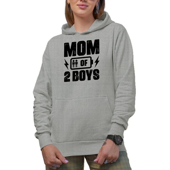 Mom of 2 Boys, Mother of Sons Themed, Mother's Day or Birthday, Heather Grey Hooded Sweatshirt or Hoodie, Small