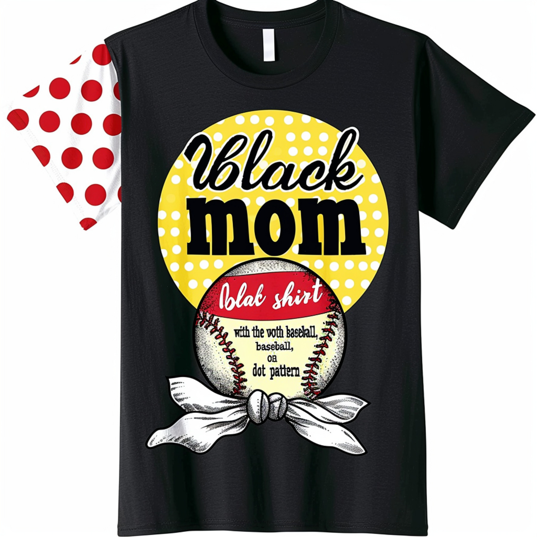 Mom of & Softball Players Black Tee Yellow White Red Polka Dot Bandana