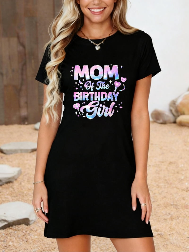 Mom of The Birthday Girl Kpop Family Matching Party T-Shirt Dress Casual Summer Dress Everyday Outfit