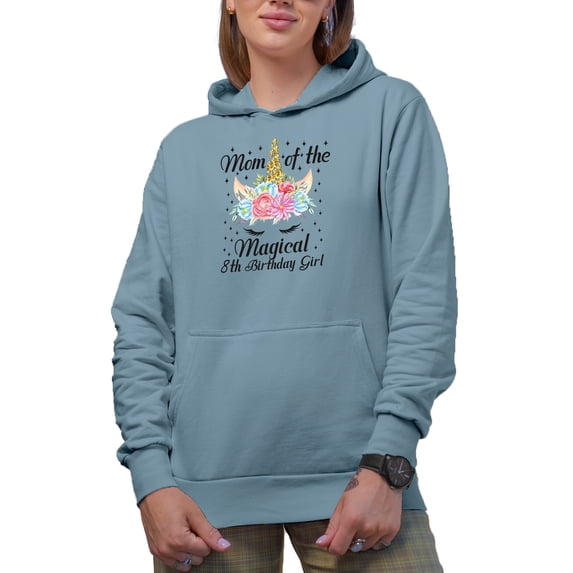 Mom of the Magical 8th Birthday Girl, Unicorn Horn, Light Blue Hooded Sweatshirt or Hoodie, Large