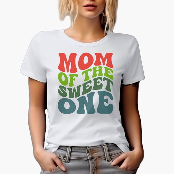Mom of the Sweet One, Groovy Retro Wavy Text Merch Gift, White T-Shirt, Small