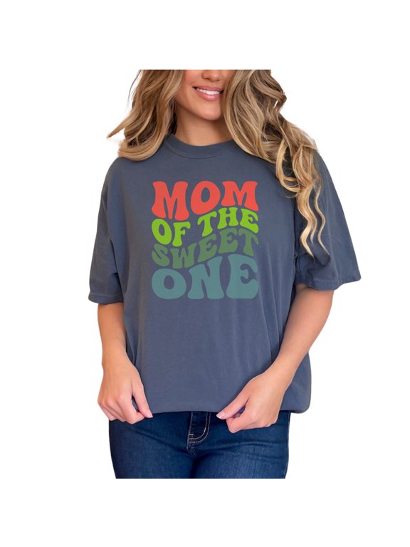 Mom of the Sweet One, Mother of Kind Son or Daughter Quote, Groovy Retro Wavy Text, Denim Comfort Colors T-Shirt, Small