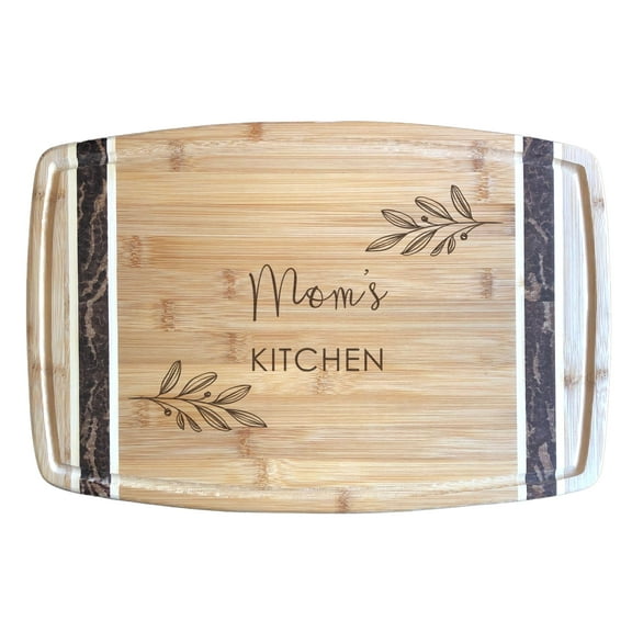 Moms Kitchen Bamboo Serving Board Engraved Botanical Corner Design Gift for Mother