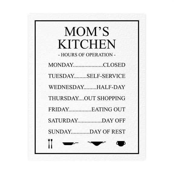 "Mom's Kitchen Hours of Operation" Wall Art poster Print Funny Rustic Print For Home Decor, Kitchen Decor, Farmhouse Decor & Country Decor. Fun Gift for Mom