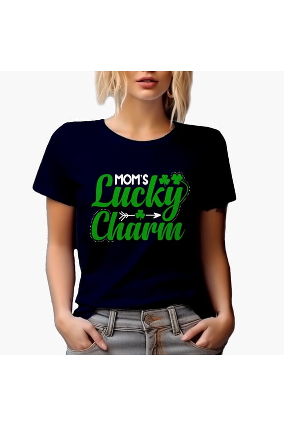 Mom's Lucky Charm with Shamrock Leaves, St. Patrick's Day, Navy Blue T-Shirt, Large