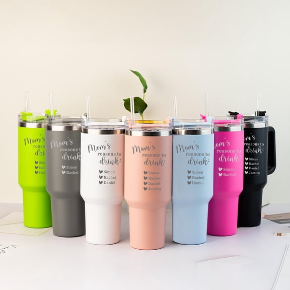 Mom’s Reason To Drink 40oz Stainless Steel Insulated Tumbler with Handle, Personalized Kids Names Printed Travel Mug, Gift for Mom