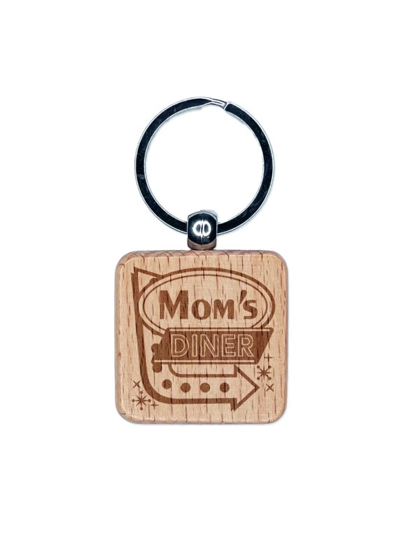Mom's Retro Diner Sign with Arrow Square Keychain Charm Tag - Engraved Wood
