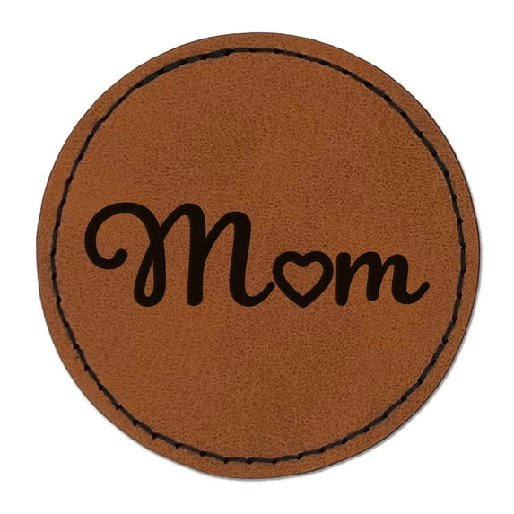 Mom with Heart 2.5" Faux Leather Round Engraved Iron-On Patch - Brown