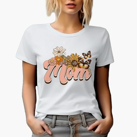 Mom with Retro Mother's Day Flowers and Butterflies Art Merch Gift, White T-Shirt, Medium
