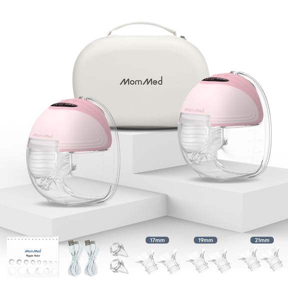 MomMed S21 Double Hands-Free Breast Pump, Leak-Proof Design, 3 Modes & 12 Vacuum Levels Electric Pink Wearable Breast Pump with Carrying Case