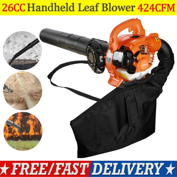 Momarys Leaf Vacuum with Bag, 26CC 2-Stroke Gas Leaf Blower, 424 CFM Handheld Leaf Blower with Straight & Curved Pipe, Dual-Purpose Blowing and Suction