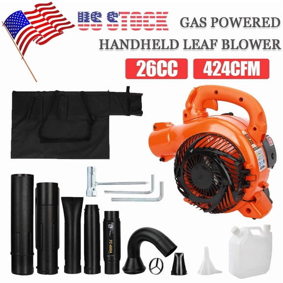 Momarys Leaf Vacuum with Bag, 26CC 2-Stroke Gas Blower, 424 CFM Handheld Leaf Blower with Straight & Curved Pipe, Dual-Purpose (Blowing and Suction)