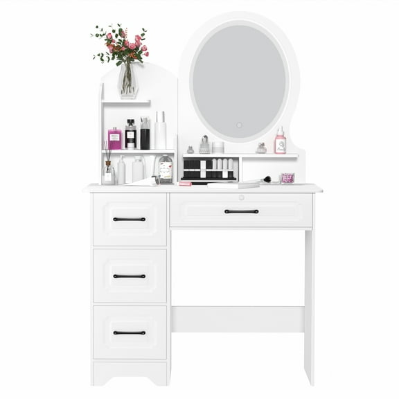 Momarys Makeup Vanity Desk (31.5L15.75W53.94H) - Lighted Mirror with 3 Color Modes, 4 Drawers & 3 Open Shelves - European Style Dressing Table for Bedroom
