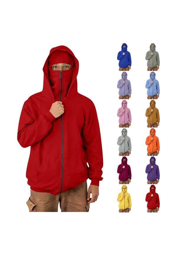 Balaclava Hoodie Jacket with Face Mask for Men Windproof Zip Up Hoodies Double Hooded Sweatshirt Outwear Athletic Coat Wine S