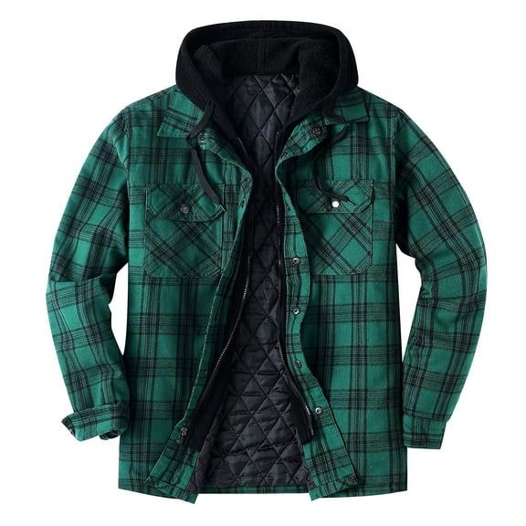 Momasggi Big and Tall Flannel Jackets for Men Long Sleeve Plaid Shirt Jacket Quilted Lined Hooded Jacket Button Full Zip Winter Warm Coat with Pockets Blue 4XL