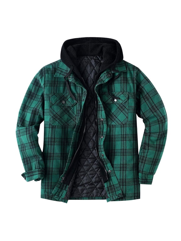 Big and Tall Flannel Jackets for Men Long Sleeve Plaid Shirt Jacket Quilted Lined Hooded Jacket Button Full Zip Winter Warm Coat with Pockets Blue 4XL