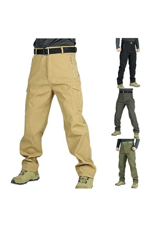 Cargo Pants for Men Winter Warm Fleece Lined Pants Solid Color Baggy Pants Outdoor Hiking Tactical Pant with Zipper Pockets Khaki M