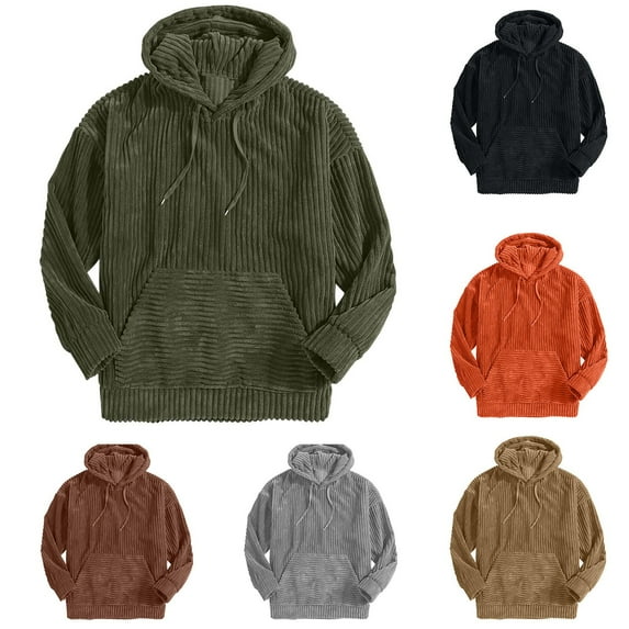 Momasggi Corduroy Hoodies for Men Fall Winter Long Sleeve Patchwork Hooded Sweatshirt Loose Casual Drawstring Pullover Sweatshirts with Pockets Orange M