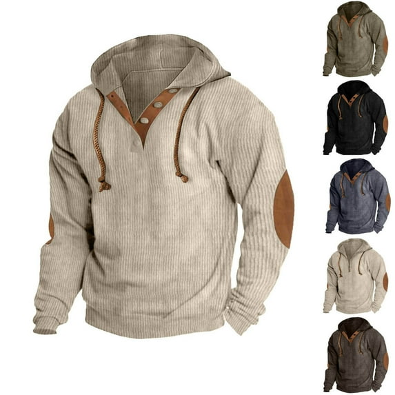 Momasggi Corduroy Hoodies for Men Vintage Casual Half Button Drawstring Hooded Sweatshirts Outdoor Running Hiking Pullover Tops Tactical Hoodie Brown XL