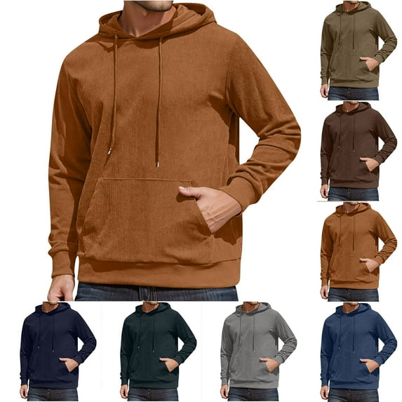 Momasggi Corduroy Hoodies for Men Trendy Fall Long Sleeve Drawstring Hooded Sweatshirt with Pockets Solid Color Going Out Pullover Tops Coffee M
