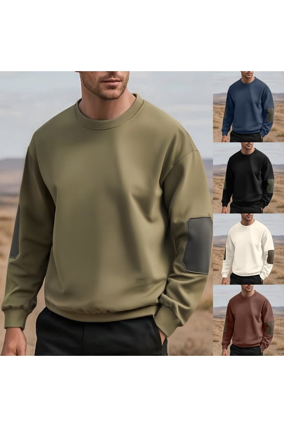 Crewneck Sweatshirt Men Big and Tall Long Sleeve Pullover Tops with Elbow Patches Workout Gym Sports Running Outdoor Winter Sweatshirts Khaki M