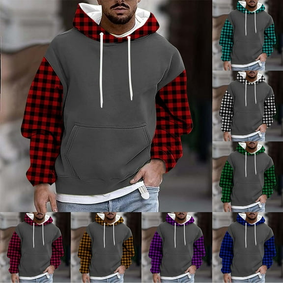 Momasggi Fleece Hoodies for Men Plaid Color Block Pullover Tops Casual Long Sleeve Drawstring Hooded Sweatshirts Big and Tall Outdoor Hoodie with Pockets Purple XL