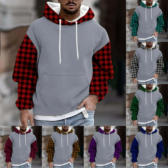 Momasggi Fleece Lined Hoodies for Men Plaid Color Block Pullover Tops Casual Long Sleeve Drawstring Hooded Sweatshirts Oversized Hoodie with Pockets Green XL