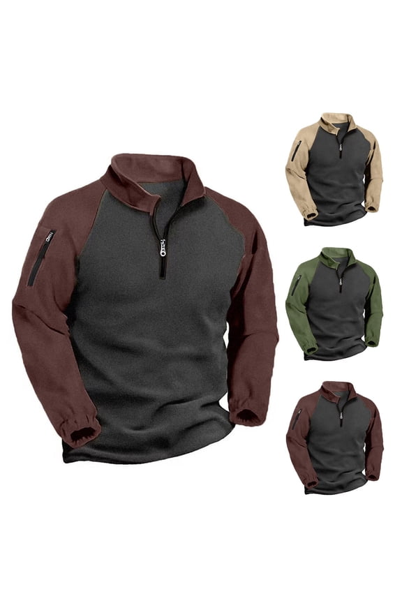 Fleece Sweatshirts Men Quarter Zip Pullover Tops Loose Comfy Long Sleeve Raglan Sweatshirts Fashion Color Block Stand Collar Sweatshirts Army Green S