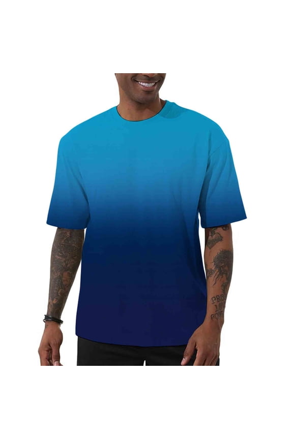 Gradient T-Shirts for Men Big and Tall Short Sleeve Shirt Summer Crew Neck Tees Loose Casual Summer Going Out Tops Dark Blue 5XL