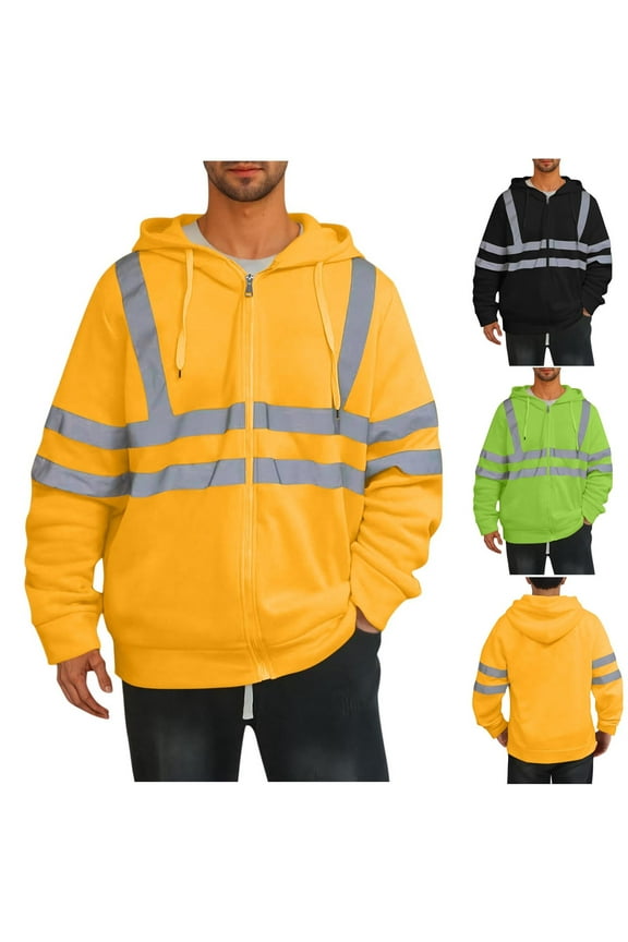 High Vis Hoodies for Men Big and Tall Reflective Hooded Jacket Work Safety Jacket Long Sleeve Zip Up High Visibility Hoodie with Drawstring Black 4XL