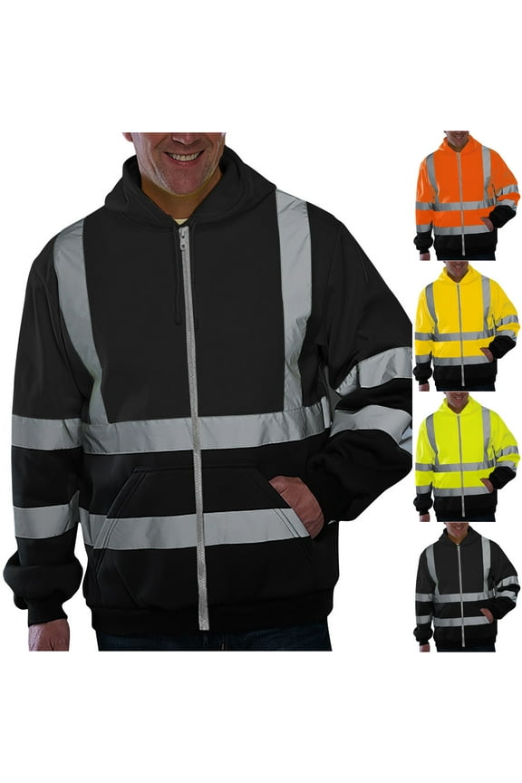 High Visibility Hoodies for Men Big and Tall Reflective Jackets Work Safety Jacket Zip Up Hoodie with Pockets High Vis Hooded Coat Orange L