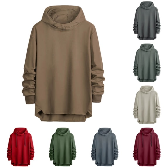 Momasggi Hoodie for Men Trendy Solid Color Long Sleeve Hooded Sweatshirt Loose Casual Asymmetrical Hem Drawstring Hoodies Fall Winter Pullover Tops Brown M