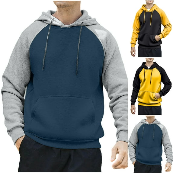 Momasggi Hoodies for Men Casual Color Block Raglan Pullover Tops Fleece Long Sleeve Hooded Sweatshirts Fashion Patchwork Hoodie with Pockets Yellow 2XL