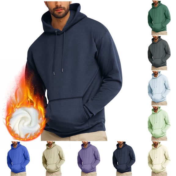 Momasggi Men's Athletic Hoodies Fleece Lined Pullover Sweatshirt Solid Color Long Sleeve Drawstring Hooded Sweatshirts Winter Warm Hoodie with Pockets Blue 3XL