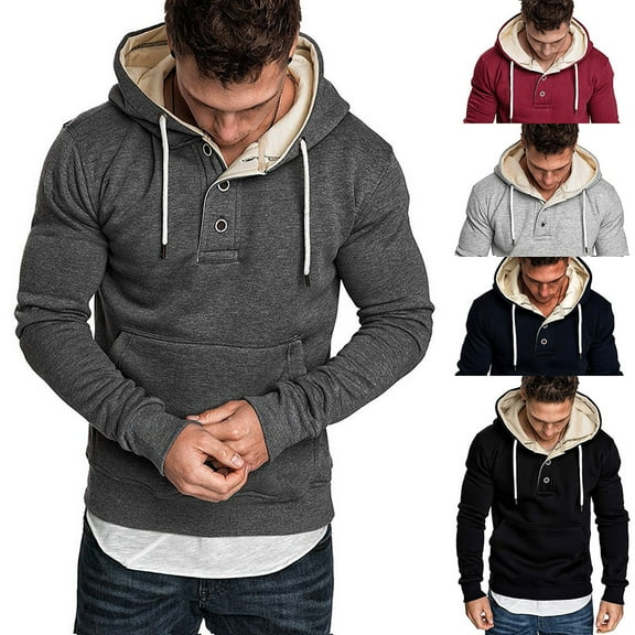 Momasggi Men's Button Neck Hoodies Solid Color Long Sleeve Drawstring Hooded Sweatshirt Fall Winter Going Out Pullover Tops with Pockets Gray 3XL
