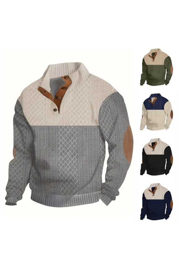 Men's Button Up Sweatshirt Loose Casual Mock Neck Long Sleeve Sweatshirts Soft Comfy Textured Tops Fashion Going Out Sweatshirts with Elbow Patches Black L