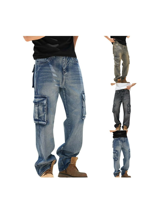 Men's Cargo Jeans Baggy Straight Leg Denim Pants with Multi Pockets Tactical Joggers Outdoor Work Pants Black 38