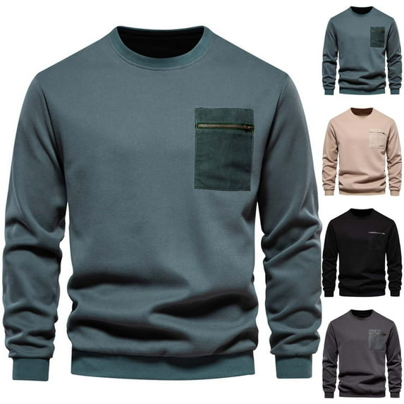 Momasggi Men's Casual Crewneck Sweatshirts with Chest Pocket Loose Casual Long Sleeve Pullover Tops Fashion Solid Color Sweatshirts Dark Gray 2XL
