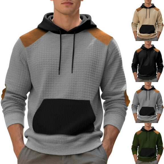 Momasggi Men's Color Block Plaid Jacquard Hoodies Loose Casual Long Sleeve Drawstring Hooded Sweatshirts Fashion Patchwork Pullover Tops with Pockets Black XL