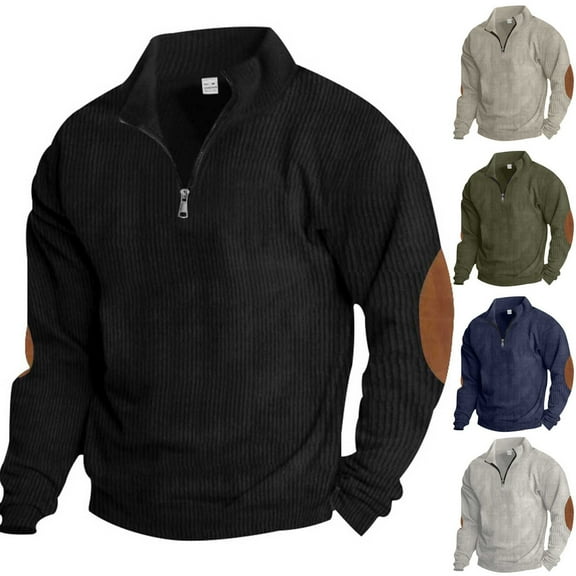 Momasggi Men's Corduroy Sweatshirts Quarter Zip Pullover Tops Vintage Long Sleeve Stand Collar Sweatshirts Outdoor Color Block Tactical Sweatshirt Black XL
