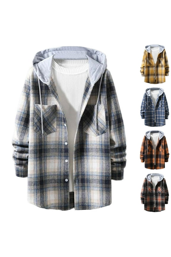 Men's Flannel Hooded Shirts Fashion Plaid Long Sleeve Hoodie Jacket Casual Button Down Shacket with Pockets Gray M