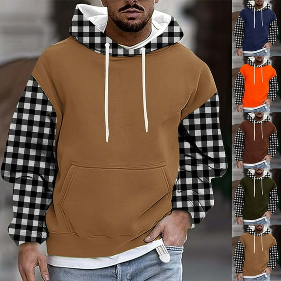 Momasggi Men's Fleece Hoodies Big and Tall Long Sleeve Drawstring Hooded Sweatshirts Plaid Color Block Pullover Tops Outdoor Workout Gym Hoodie with Pockets Army Green XL