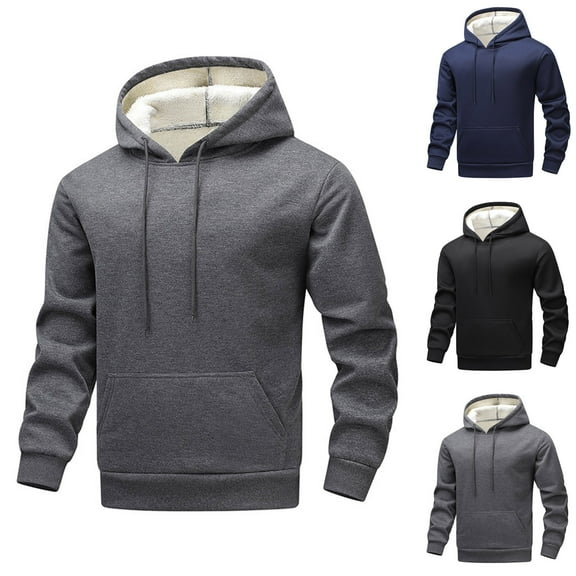 Momasggi Men's Fleece Hoodies Solid Color Thick Sherpa Lined Hooded Sweatshirt Winter Long Sleeve Warm Hoodie Outdoor Athletic Workout Pullover Tops with Pockets Dark Blue L