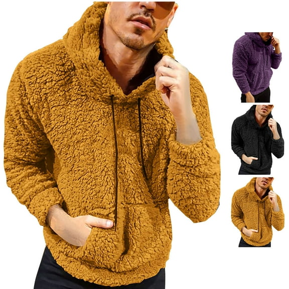 Momasggi Men's Fuzzy Sherpa Hoodie Casual Long Sleeve Drawstring Hooded Sweatshirt Fleece Pullover Tops Cozy Fall Winter Warm Hoodies with Pockets Khaki 3XL